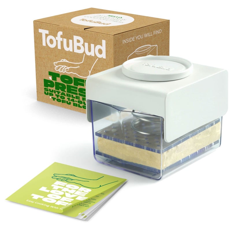 TofuBud Tofu Press - ضاغط التوفو من أجل قوة أو قوة إضافية، ضغط التوفو آمن للاستخدام في غسالة الأطباق - صانع التوفو مع تصريف المياه مصنوع من مواد مستدامة متينة - يتضمن كتاب طبخ التوفو - Image 1
